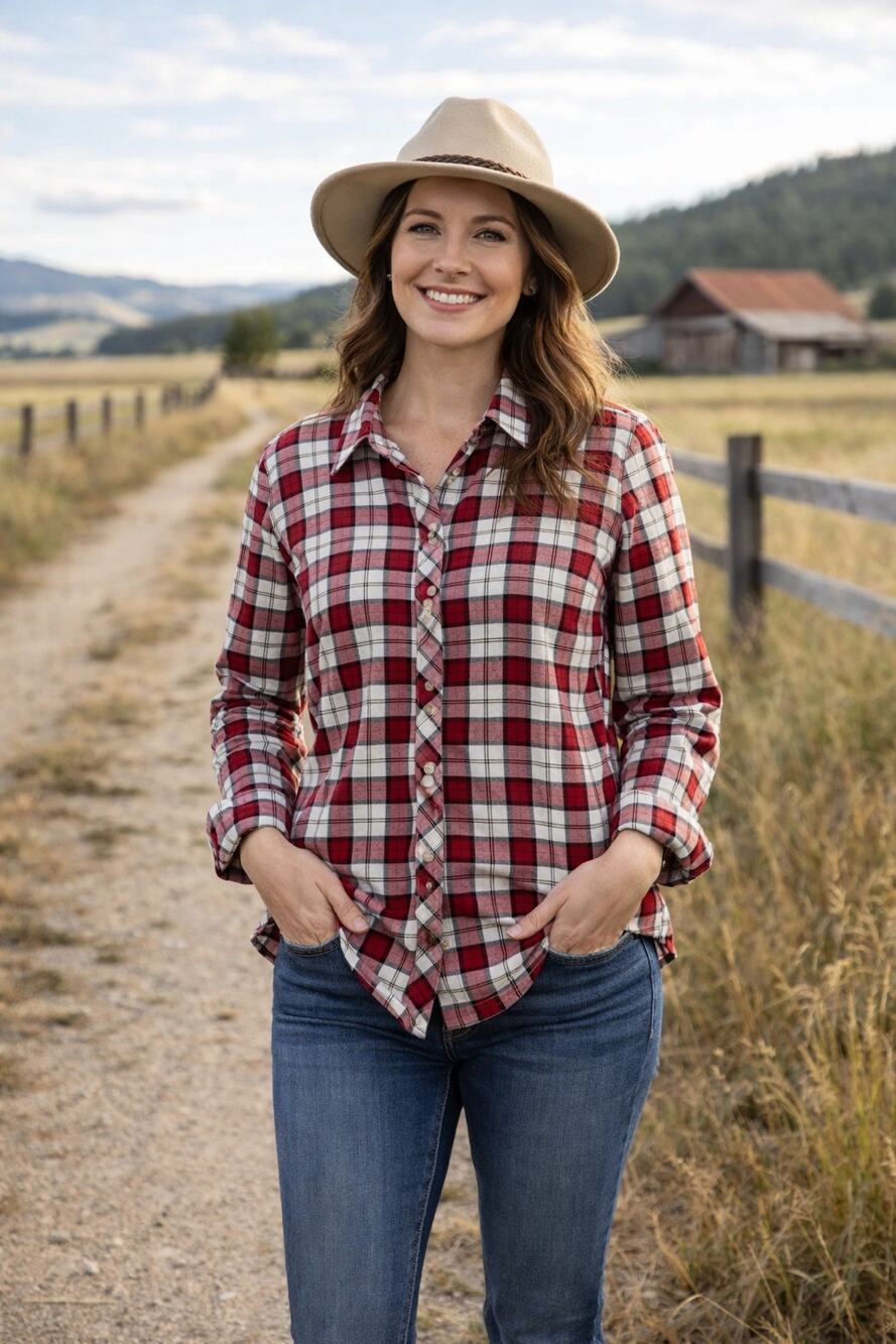 Talbots Plaid Flannel Top Womens Size 3XP Petite Button Up Red Ivory Casual